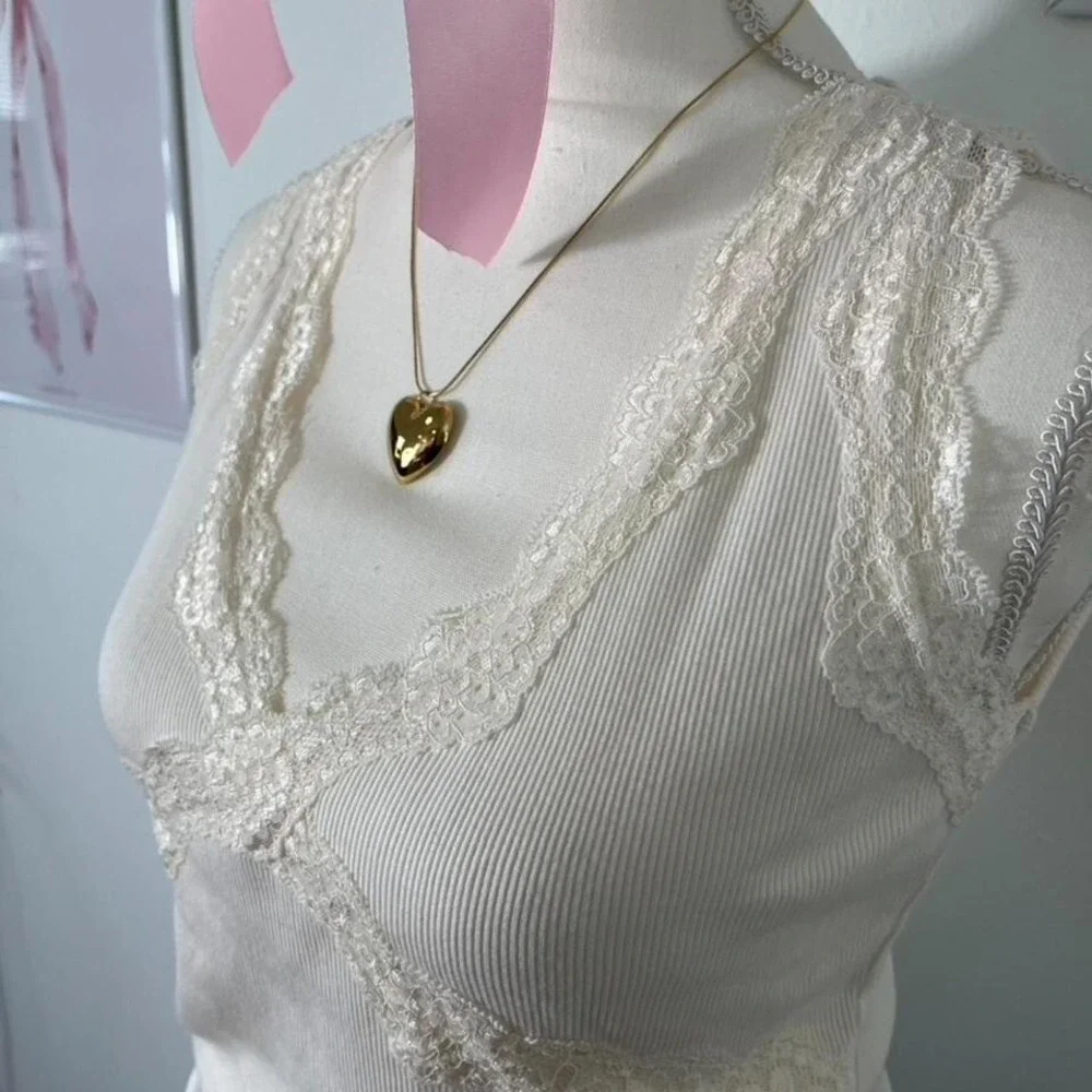 Vintage Y2K Axcess White Babydoll Lace Trim Ribbed‎ Tank Womens Large - Picture 3 of 5